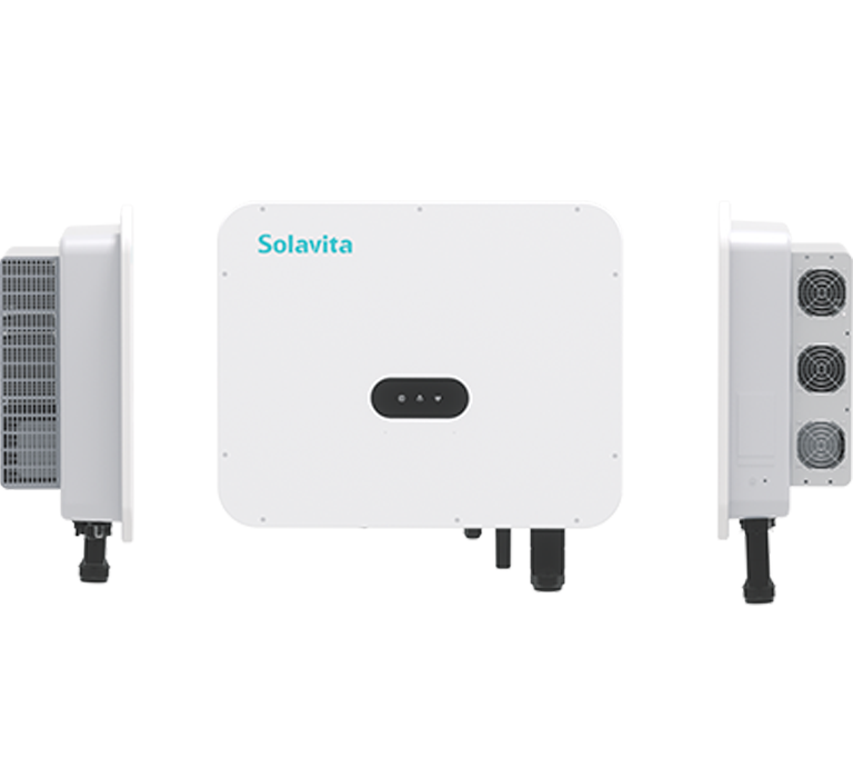 The Solavita PV inverters(40-60kw ) wall-mounted with the Solavita logo on the central unit. Each inverter features various connectors and a small black panel on the front, providing efficient energy management for modern energy solutions.
