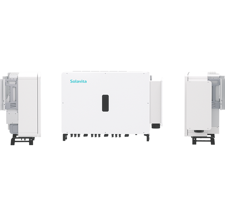 The Solavita three-phase PV inverters(125kw ) wall-mounted with the Solavita logo on the central unit. Each inverter features various connectors and a small black panel on the front, providing efficient energy management for modern energy solutions.