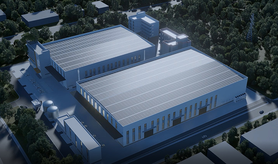 Aerial view of two large industrial buildings with Solavita solar panels and some white Solavita SW 110kW on-grid inverters on the roofs. The buildings are surrounded by trees. The view includes several smaller buildings and storage tanks nearby. A road runs in front of this efficient and eco-friendly setup.