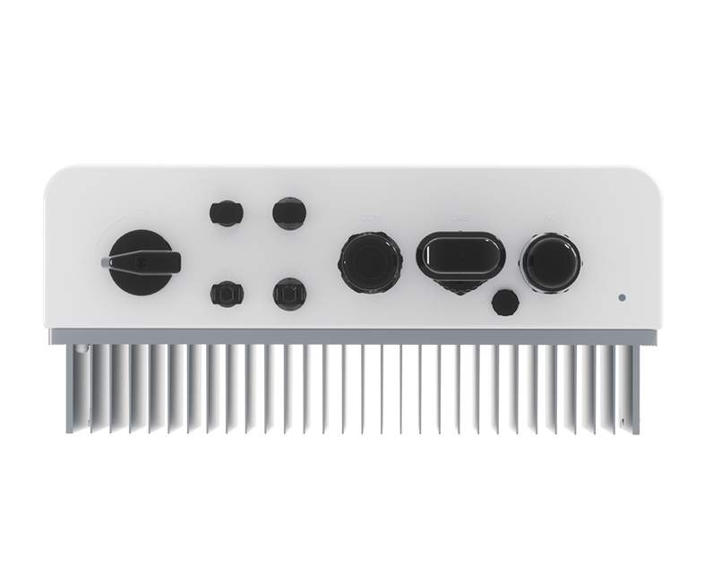 The Solavita on-grid inverter (4-6kW) with multiple MPPT black knobs and connectors, mounted on a gray base with vertical metal fins for enhanced cooling, showcasing precise and organized design for solavita efficient energy management.
